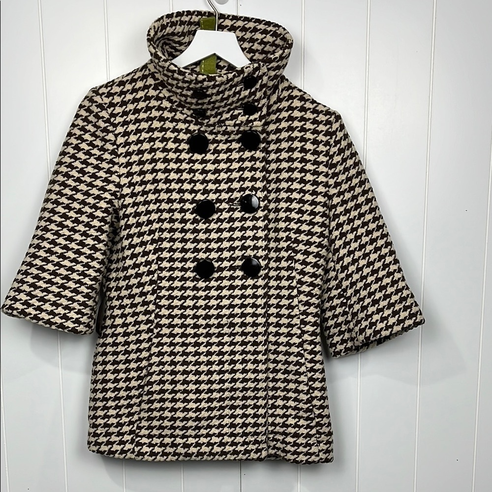 Soia & Kyo Womens Trench Coat Jacket PS Brown & Cream Houndstooth Dbl Breasted
